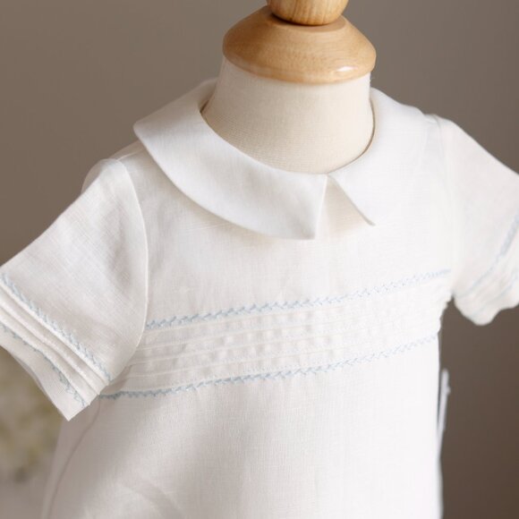 Ivory LINEN Romper Boys Boutique Pin Tuck Hand-Embroidery Portrait NWT - Picture 2 of 6